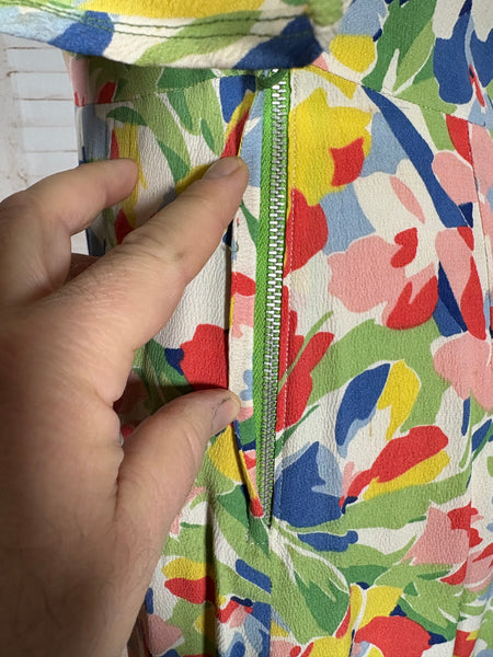 1930s Vibrant Floral Crepe Day Dress