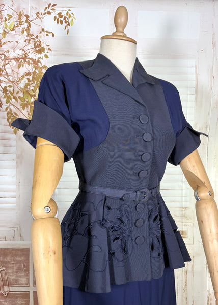 Exceptional 1940s Navy Blue Summer Suit With Pierced Peplum