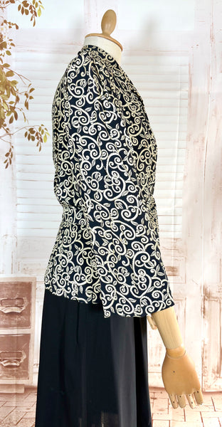 1940s Dress Suit – Scroll Print Jacket with Red Shoulder Stripe Dress