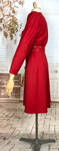 Exceptional Original 1940s Lipstick Red Coat By Gleneagles With Gold Studded Belt