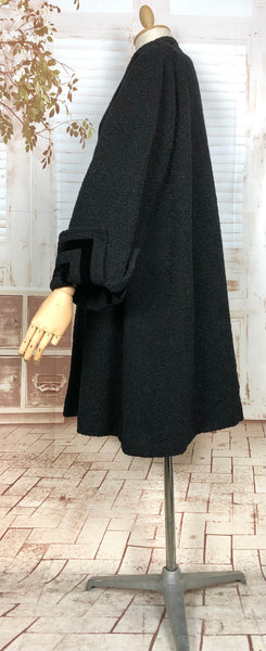 Fabulous Original Late 1940s Volup Vintage Black Boucle Swing Coat With Geometric Velvet Details By Ted Stein