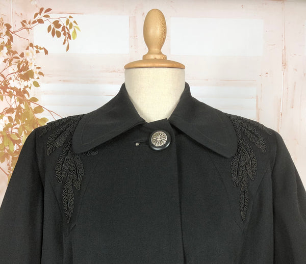 Elegant Original 1940s Vintage Black Swing Coat With Soutache Shoulders And Statement Buttons