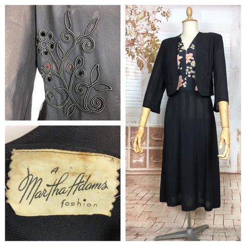 Amazing Original 1940s Volup Vintage Black Rayon Crepe Dress With Floral Bodice By Martha Adams