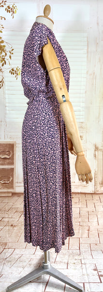1940s Pink And Navy Blue Abstract Print Rayon Day Dress
