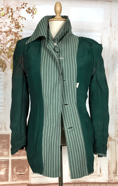 Exquisite Original 1940s Vintage Forest Green Striped Blazer By Knobby Koats