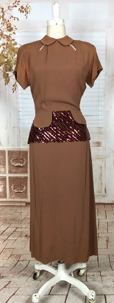 Exceptional Original 1940s Vintage Caramel Rayon Crepe Suit With Sequin Peplum And Bustle Back