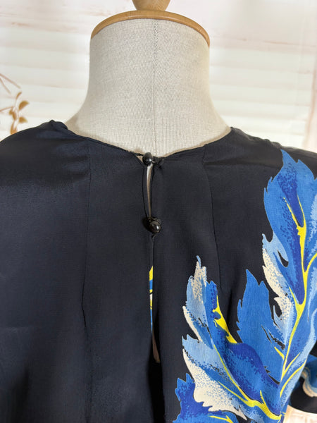 Exceptional 1940s Rayon Full Length Hawaiian Dress With Large Tropical Print