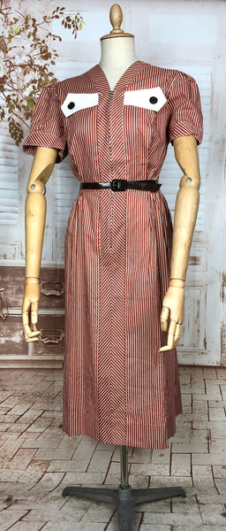 Amazing Original 1940s Volup Vintage Red And White Striped Day Dress By Happy Home Deadstock