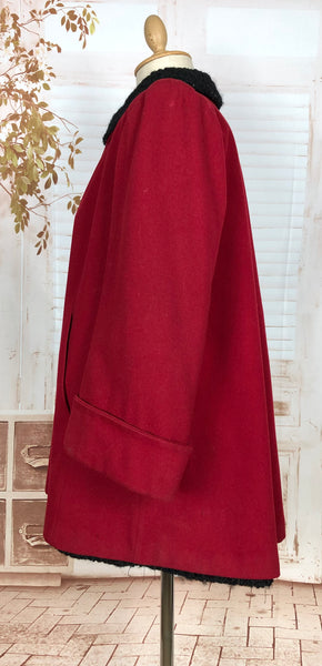 1940s Red Wool Swing Coat by Worth of Boston with Astrakhan Lining