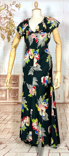 Rare 1930s Black Floral Silk Evening Dress with Ruffled Collar