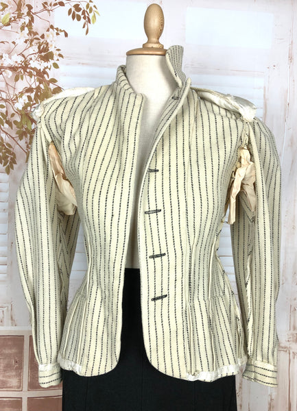 Exceptional Original 1930s Vintage Cream And Black Striped Bustle Back Skirt Suit