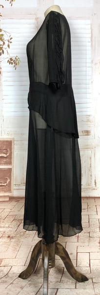 Fabulous Original 1930s Vintage Sheer Black Georgette Puff Sleeve Dress