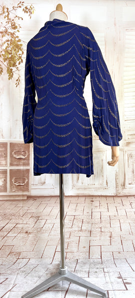 1930s Royal Blue Gold Lamé Chevron Coat | Statement Sleeve Antique Evening Coat