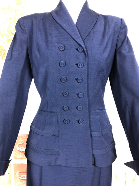 Beautiful Navy Blue Double Breasted 1940s Suit With Tiered Waist
