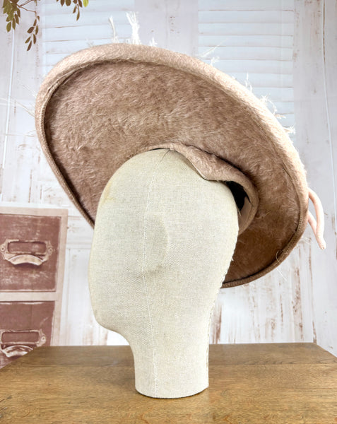 Huge Pale Pink Early 1950s Platter Hat With Feather Trim