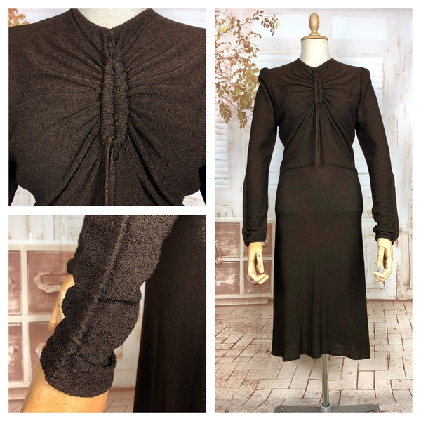 Gorgeous Original Late 1930s / Early 1940s Chocolate Brown Ruched Crepe Dress