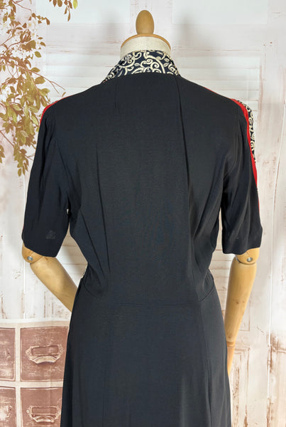 1940s Dress Suit – Scroll Print Jacket with Red Shoulder Stripe Dress
