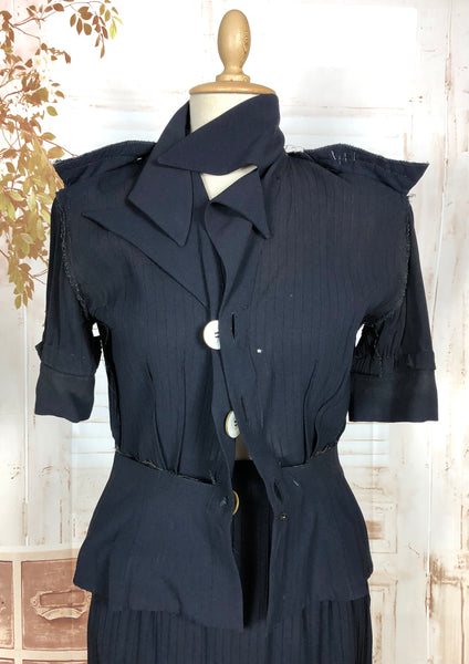 Exquisite Original 1940s Vintage Navy Blue Crepe Skirt Suit With Pin Tucks