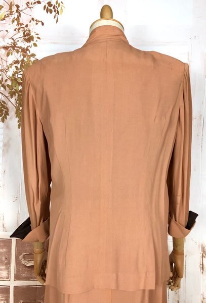 Incredible Original 1940s Volup Dress Suit In Tan With Chocolate Brown Accents