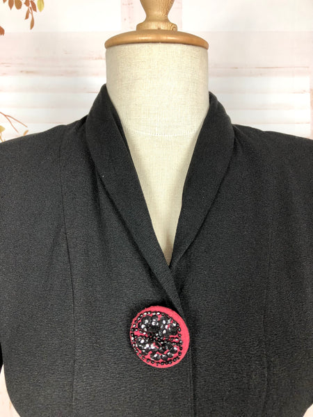 Amazing 1930s Long Line Skirt Suit With Fuchsia Pink Beaded Accents