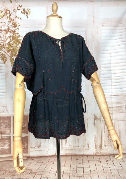 Exceptionally Rare Original 1920s Volup Navy Blue Flapper Blouse With Red Beading By French Couturier Adair House Of France