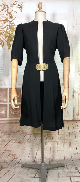Exquisite 1930s Black Crepe Dress And Redingote Coat With Gold Filigree Buckle