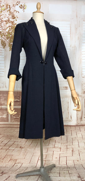 Amazing Original 1940s Vintage Navy Blue Crepe Lightweight Princess Coat With Button Details