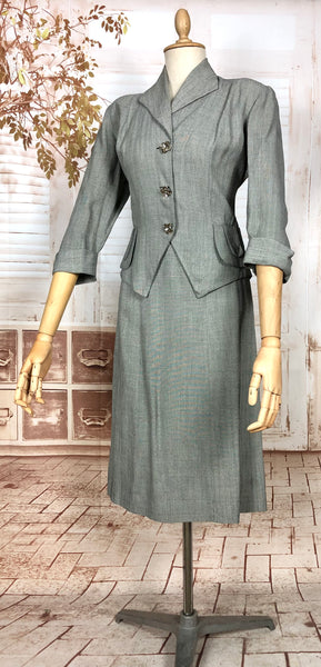 Stunning Grey 1940s Vintage Herringbone Skirt Suit With Statement Pockets By Cay Artley