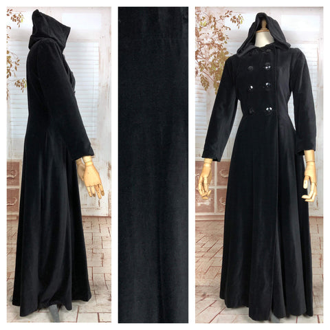 Incredible Original 1970s Does 1930s Vintage Black Velvet Hooded Princess Coat