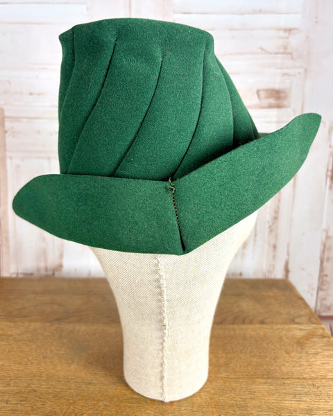 Super Rare Forest Green 1940s Fedora Hat With Red Suede Band