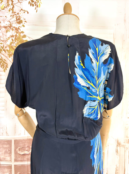 Exceptional 1940s Rayon Full Length Hawaiian Dress With Large Tropical Print
