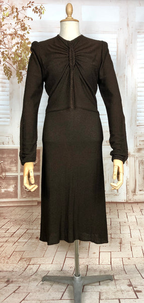 Gorgeous Original Late 1930s / Early 1940s Chocolate Brown Ruched Crepe Dress