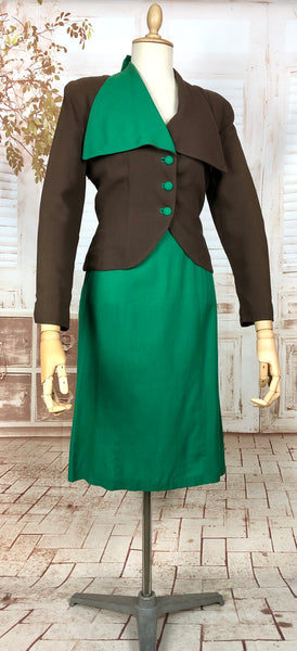 Stunning Original 1940s Vintage Green And Brown Colour Block Suit