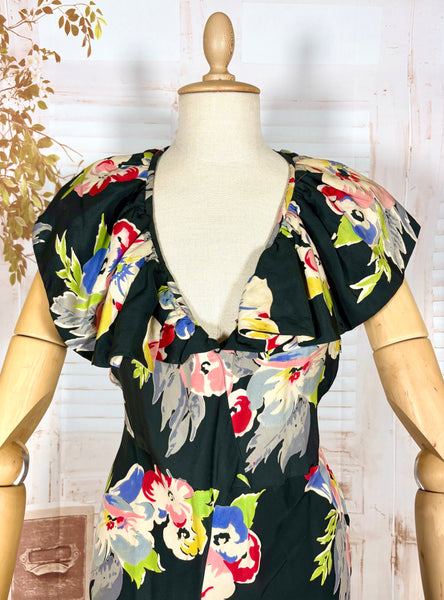 Rare 1930s Black Floral Silk Evening Dress with Ruffled Collar