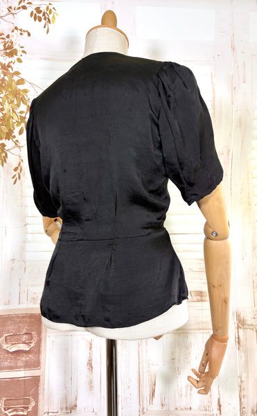 Early 1930s Black Silk Peplum Blouse – Glass Button Front Top