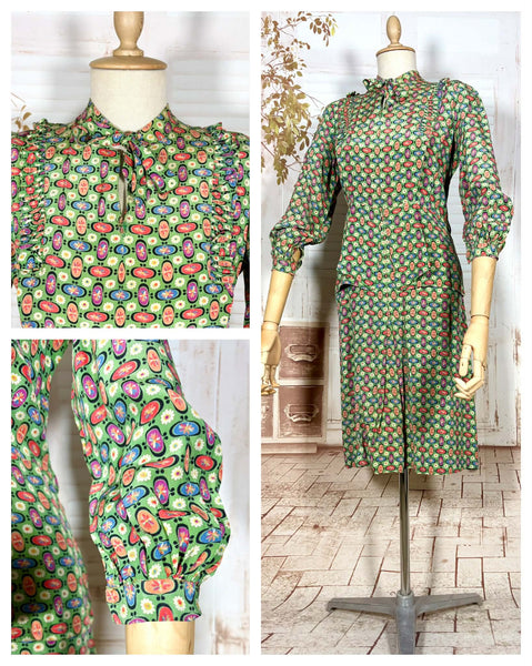 Spectacular Green Print 1930s Volup Dress with Bishop Sleeves