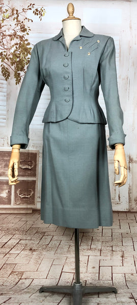 Stunning Original 1940s Vintage Steel Blue Grey Skirt Suit