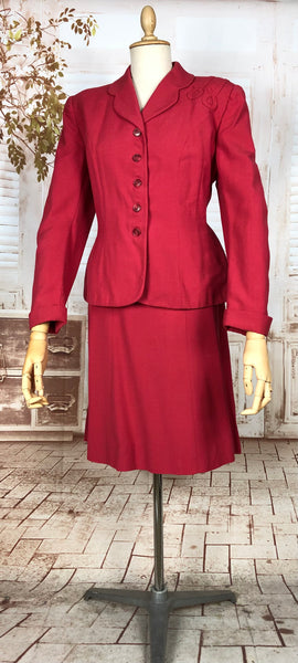 Rare Original 1940s Volup Vintage Cherry Red Gabardine Skirt Suit