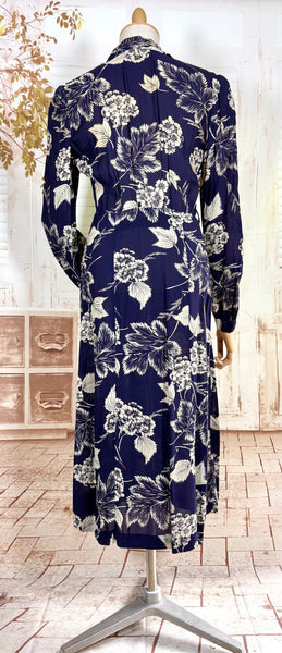 Navy Blue And White 1940s Day Dress With Large Floral Print