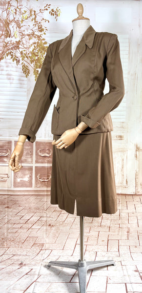 1940s Brown Gabardine Skirt Suit With Pocket Details