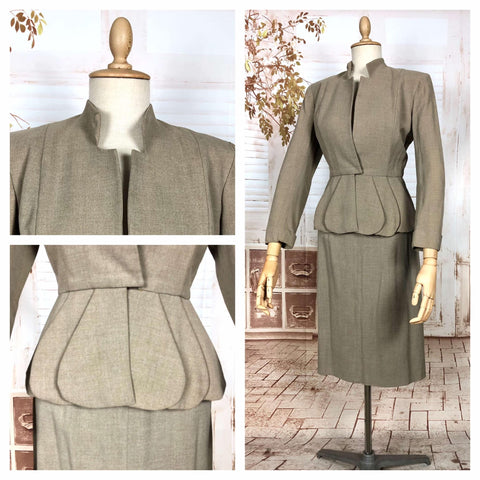 Wonderful Original 1953 Vintage Warm Grey Lilli Ann Suit With Sculptural Petal Peplum