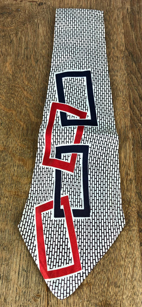 Late 1940s Early 1950s Red, Navy & White Interlocking Rectangles American Swing Tie – Berman's