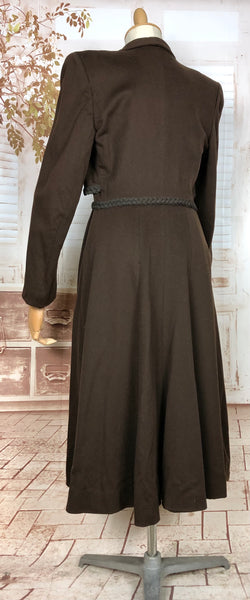 Incredible Original 1940s Vintage Brown Wool Princess Coat With Braided Robe Details