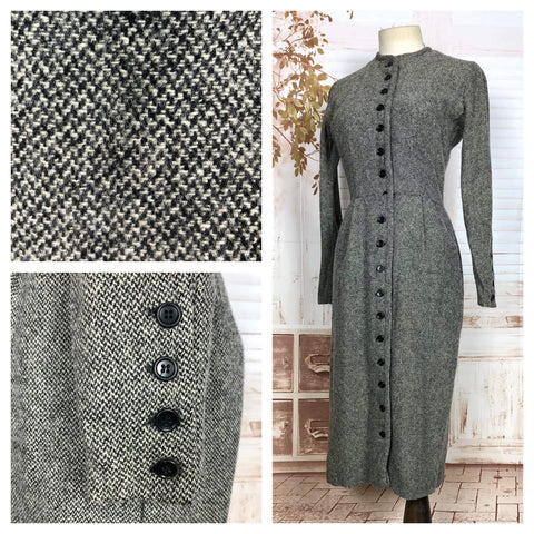 Fabulous Original Late 1950s Vintage Black And Grey Tweed Wriggle Dress With Button Details