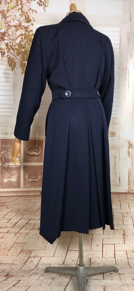 Amazing Original 1940s Vintage Navy Blue Gabardine Princess Coat With Belt Back