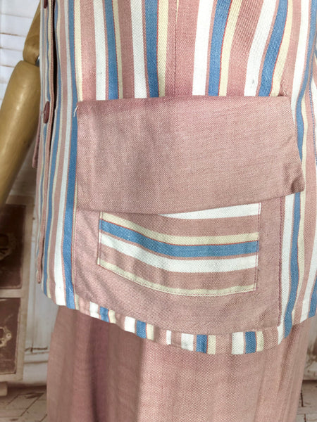 Super Rare Original Late 1930s / Early 1940s Volup Vintage Pink Candy Striped Denim Pant Suit By Edwin Blu Surf