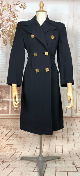 Exquisite Original 1940s Vintage Navy Blue Double Breasted Princess Coat With Huge Gold Statement Buttons