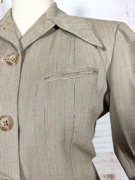 1940s Taupe Pinstripe Wool Skirt Suit – Spearpoint Collar Tailored Jacket