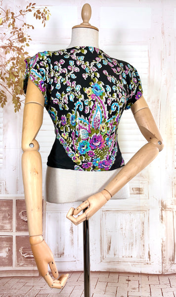 1940s Blouse – Bold Paisley & Floral Print in Magenta, Turquoise & Olive