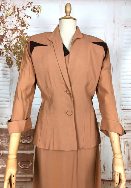 Incredible Original 1940s Volup Dress Suit In Tan With Chocolate Brown Accents